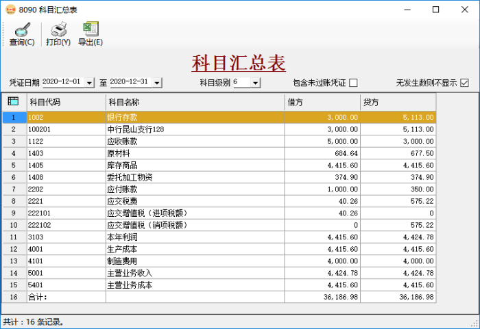 財務軟件-科目匯總表